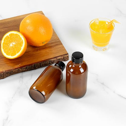 Restaurantware Vetri 4 Ounce Boston Glass Bottles, 24 Sample Bottles With Black Phenolic Caps - Dishwashable, Round, Amber Glass Bottle, For Potion, Juice, Ginger Shots, Whiskey, Liquids - color: Amber, size: 4 oz