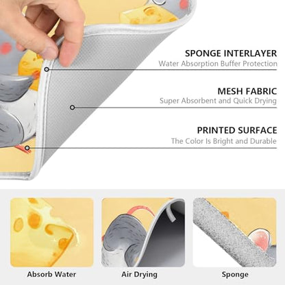 Mouse Cheese Rat Dish Drying Mats for Kitchen Counter Absorbent Microfiber Dish Drying Matt 16 x 18 Inch Draining Reusable Rack Pad - size: 16x18in