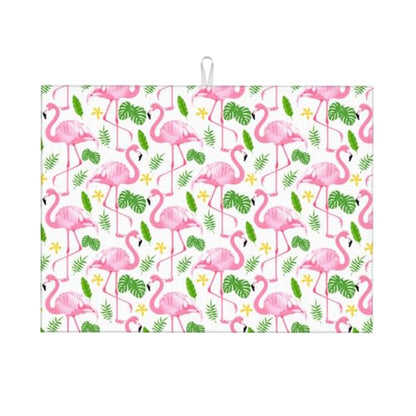 Pink Flamingo Leaf Dish Drying Mat For Kitchen Counter, Super Absorbent Microfiber Dish Drying Pad, Kitchen Gadgets For Easy Clean Multi-Use Large 18"x24" - color: Pink Flamingo Leaf