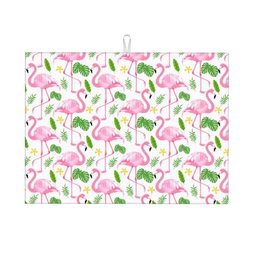 Pink Flamingo Leaf Dish Drying Mat For Kitchen Counter, Super Absorbent Microfiber Dish Drying Pad, Kitchen Gadgets For Easy Clean Multi-Use Large 18"x24" - color: Pink Flamingo Leaf