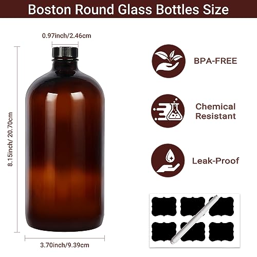 2 Pack 32 oz Amber Glass Boston Bottles,Glass Brewing Bottles for Lab | with Phenolic Poly Cone Caps,Perfect for Fermentation,Storing Kombucha,Brewing and Juicing.