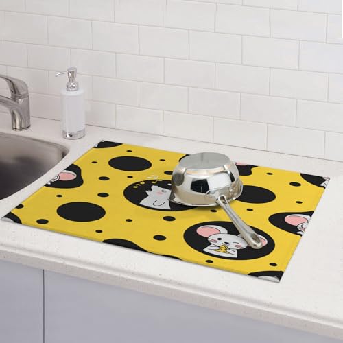 Dish Drying Mat for Kitchen Counter - Cheese Mouse Absorbent Heat Resistant Microfiber Dishes Drainer Mat - Kitchen Gadgets Large Coffee Machine Dish Rack Pad 18"X24"