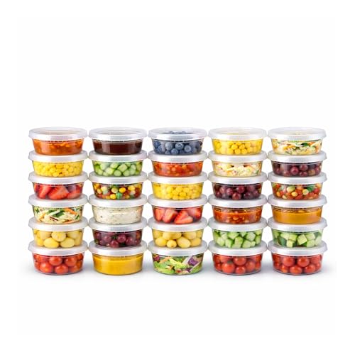 8 oz [30-Pack] Microwavable Plastic Deli Food Storage Containers with Lids | BPA Free, leak-resistant, stackable and freezer-safe design helps keep food fresh and secure - size: 8 oz - 30 Pack