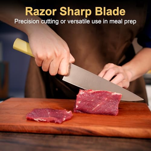 8 Inch Chef Knife, AR-RPM9 Steel & Ergonomic Handle Cooking Knife, Ultra Sharp Professional Kitchen Knife with Gift Box for Home Chefs - color: Pale Yellow, size: 8"