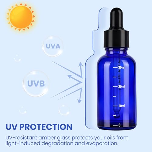 UPBUD 63 Pcs 1oz Blue Glass Dropper Bottles with Measurement, 30ml Leakproof Tincture Bottles with Funnels, Eye Droppers, Extra Caps & Labels, Refillable Empty Bottles for Tinctures, Essential Oils - color: Blue-1oz, size: 1oz