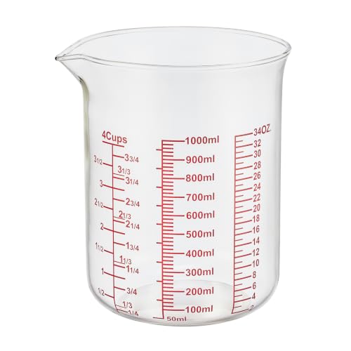 High Borosilicate Glass Measuring Cup-V-Shaped Spout，Glass Measuring Beaker for Kitchen or Restaurant, Easy to Read, 1000 ML (32 Oz, 4Cup) - size: 4Cup,1000ML