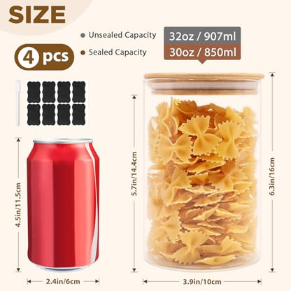 SHOWIN 32oz Glass Food Storage Jars, Glass Jars with Bamboo Lids, Kitchen Storage Jars, Canisters with Airtight Lids for Spice, Coffee, Cookie, Set of 4, Pantry Organizers