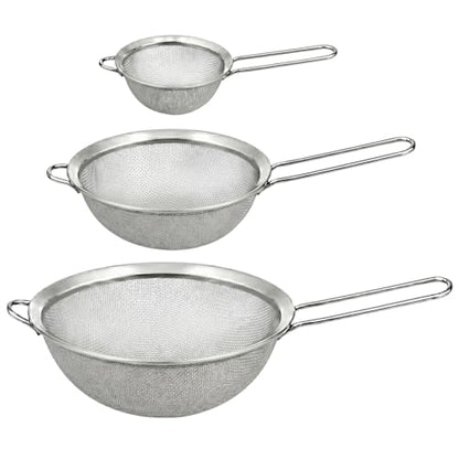 HiramWare Fine Mesh Strainer Set of 3, Premium Stainless Steel Colander with Handle, Large, Medium, Small Sieve for Tea, Pasta, Rice, Fruits, Berries, Flour, Veggies, Metal Sifter for Kitchen - size: Large + Medium + Small