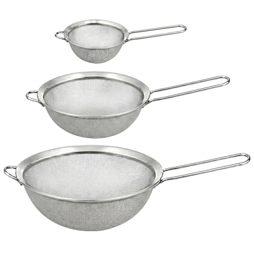 HiramWare Fine Mesh Strainer Set of 3, Premium Stainless Steel Colander with Handle, Large, Medium, Small Sieve for Tea, Pasta, Rice, Fruits, Berries, Flour, Veggies, Metal Sifter for Kitchen - size: Large + Medium + Small