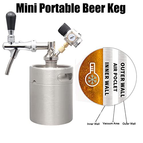 Portable Draft Keg System Stainless Steel Keg Mini Keg Draft System Stainless Steel Portable Mini Keg Dispenser Pressure Regulator Craft Beer Draft Home Brew,2L