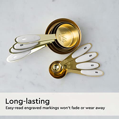 White and Gold Measuring Cups and Spoons Set – 8-Piece Stackable Stainless Steel Measuring Set – Stylish Gold Kitchen Accessories for Precise Baking and Cooking, Ideal Gift for Bakers and Chefs - color: White