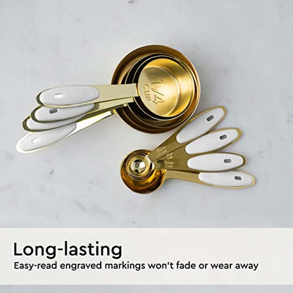 White and Gold Measuring Cups and Spoons Set – 8-Piece Stackable Stainless Steel Measuring Set – Stylish Gold Kitchen Accessories for Precise Baking and Cooking, Ideal Gift for Bakers and Chefs - color: White