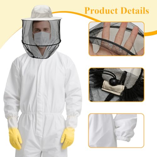 Beekeeper Costume Set - Full Beekeeping Suit with Veil Hat, Gloves, Yellow Bucket, Felt Bees & Adhesive Dots for Halloween - size: X-Large