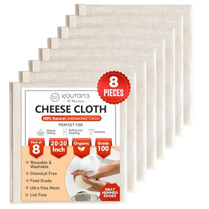Cheese Cloths – 8 Pcs Precut 20x20 inch hemmed 100% Unbleached Cheesecloth for Straining - Reusable Ultra Fine Mesh Grade 100 Organic cheese Cloth for Turkey baking Juicing Brewing - size: 20x20 inch 8 Pcs