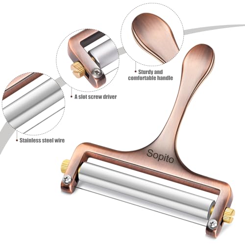 Sopito Cheese Slicer Stainless Steel with 3 Extra Wires Great for Cheddar, Gruyere, Raclette, Mozzarella Cheese Block, Adjustable Thickness, Copper - color: Copper