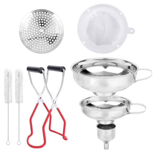 8pcs Food Canning Funnels Set for Wide Mouth & Regular Mason Jars, 3 Stainless Steel Funnels 2 Metal Strainer Mesh 1 Anti-Scalding Tongs 2 Brushes Supplies Kit for Kitchen Use Filling Bottle Jam