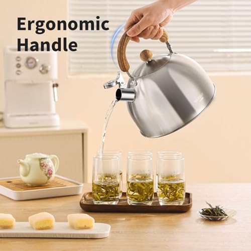 18/8 Stainless Steel Tea Kettle for Stovetop (3L / 3.17 Quart, Whistling Tea Pot, Wood Handle)-Silver - size: 3.2 Quarts