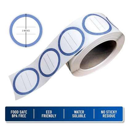 Water Soluble Labels for Food Containers – Dissolvable Kitchen Labels – No Sticky Residue – 2" Diameter, Two-Line Writable Surface, 200 Labels Per Roll (Blue) - color: Blue