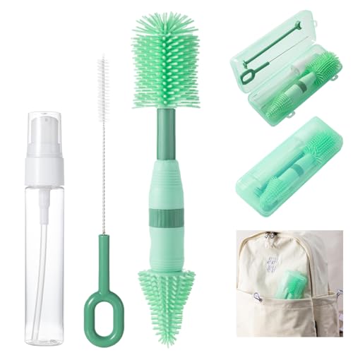 Travel Bottle Brush, 6-in-1 Portable Travel Bottle Cleaner Kit with Small Bottle Brush Built in Drying Rack, Nipple Brush, Straw Brush, Soap Dispenser, for Baby Bottles Under 8 OZ, BPA-Free(Green) - color: Green