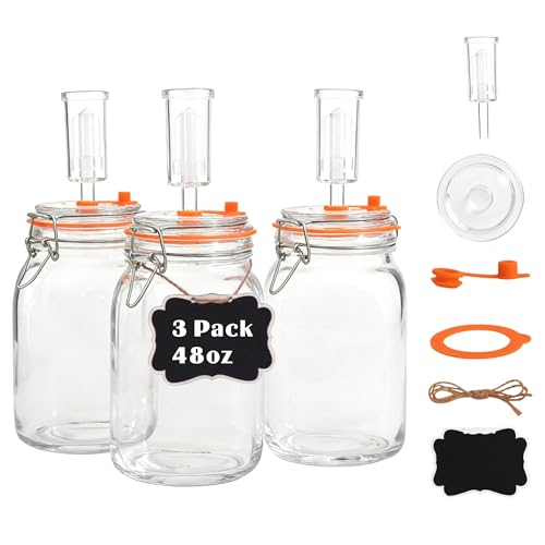 Wide Mouth 1.5L Fermentation Jar Kit – Pack of 3 Glass Fermenting Jars with Airlocks & Glass Weights for Sauerkraut, Kimchi, Pickles & More