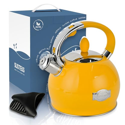 SUSTEAS Stove Top Whistling Tea Kettle - Food Grade Stainless Steel Teakettle Teapot with Cool Touch Ergonomic Handle, With 1 Silicone Pinch Mitt Included, 2.64 Quart,YELLOW - color: Yellow
