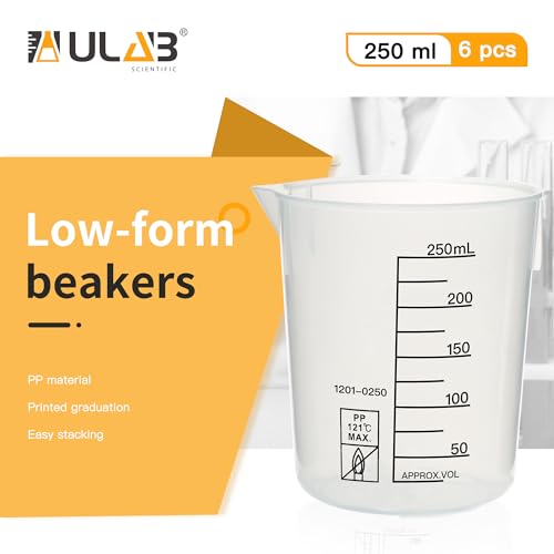 ULAB Scientific Stackable Graduated Plastic Beakers, 6pcs of Vol.250ml(8.45oz), with Easy-to-Read Printings in Black, UBP1024 - style: 6pcs of Vol.250ml with black printings