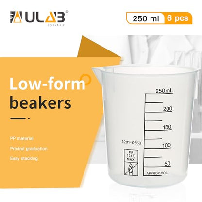 ULAB Scientific Stackable Graduated Plastic Beakers, 6pcs of Vol.250ml(8.45oz), with Easy-to-Read Printings in Black, UBP1024 - style: 6pcs of Vol.250ml with black printings