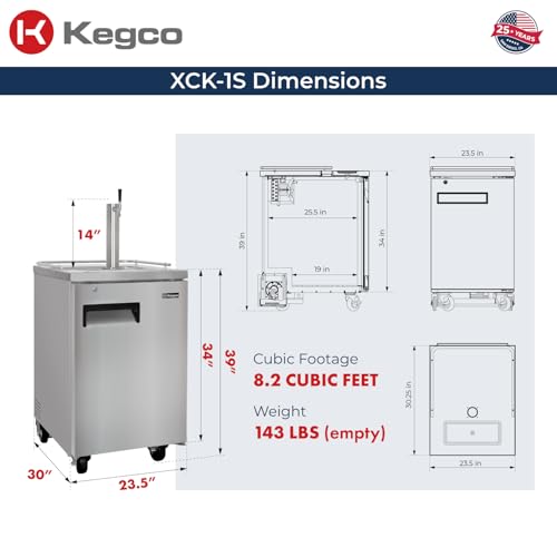 Kegco 3PXCK-1S-K 24" Single‑Tap Commercial Stainless Steel Kegerator – 5‑Gallon & Slim Keg Compatible, Digital Temp Control