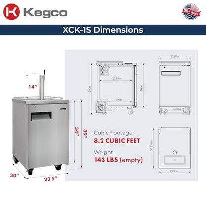 Kegco 3PXCK-1S-K 24" Single‑Tap Commercial Stainless Steel Kegerator – 5‑Gallon & Slim Keg Compatible, Digital Temp Control