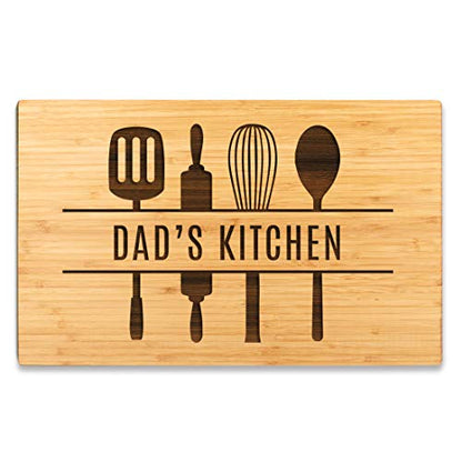 Andaz Press Large Bamboo Wood Cutting Board Gift, 17.75 x 11-inch, Dad's Kitchen, Utensils Graphic, 1-Pack, Laser Engraved Serving Chopping Board Christmas Birthday Chef Kitchen Ideas - color: Dad