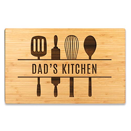 Andaz Press Large Bamboo Wood Cutting Board Gift, 17.75 x 11-inch, Dad's Kitchen, Utensils Graphic, 1-Pack, Laser Engraved Serving Chopping Board Christmas Birthday Chef Kitchen Ideas - color: Dad