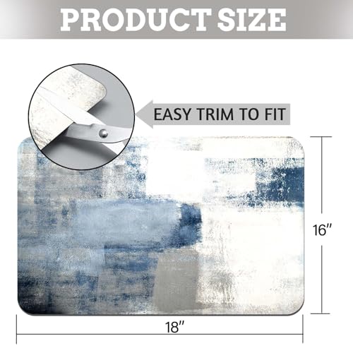 MCALK Blue Dish Drying Mat for Kitchen Counter, Grey Dish Drying Pad with Anti-Slip Rubber Base, Absorbent Kitchen Sink Mat with Abstract Art Decor (1 pc 18" x 16")