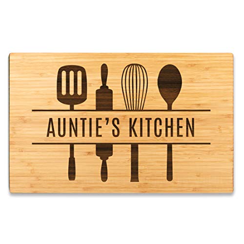Andaz Press Large Bamboo Wood Cutting Board Gift, 17.75 x 11-inch, Auntie's Kitchen, Utensils Graphic, 1-Pack, Laser Engraved Serving Chopping Board Christmas Birthday Chef Kitchen Ideas - color: Auntie