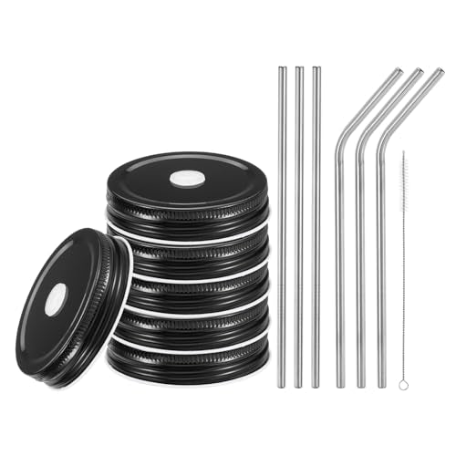 uxcell 13pcs Stainless Steel Mason Jar Lids with Straw Hole, 70mm Metal Canning Lid Mason Storage Covers Caps with Silicone Ring/Straws/Cleaning Brush Black - color: Black