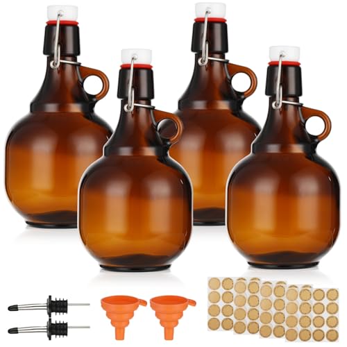 4 Pcs 34oz Beer Bottles for Home Brewing, Amber Glass Gallon Jugs with Airtight Swing Top, Flip Top Storage Bottles Set with Pourers, Funnels, Labels, Glass Containers for Home Brewing
