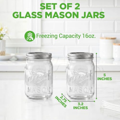 NutriChef 2-Pack 16 oz Mason Jars with Lids - Thick Glass Canning Jars with Stainless Steel Lids - Ideal for DIY Spices, Meal Prep, Overnight Oats, Jelly, Jam, Honey, Candles, Crafts, & More - style: 2 Pack