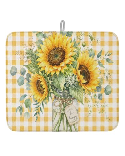 Dish Drying Mat for Kitchen Counter Sunflower Drying Pad Absorbent Drying Mats for Countertops Sinks Draining Racks Glass Mason Jar Yellow Buffalo Plaid Drainer Kitchen Decor 16x18 Inch - color: Yellow Green