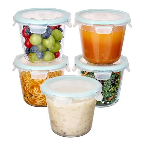 Vtopmart 5 Pack 3 Cup Glass Soup Container, Meal Prep Freezer Containers Set with Airtight Lids, Glass Food Storage Jar for Salad, Fruit, Lunch, Leftover, BPA-Free, Microwave, Dishwasher - color: Green, size: 24oz-Round