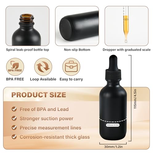 NOOEEISS 12 Pcs, 2oz Dropper Bottle, Black Glass Eye Dropper Bottle, Tincture Bottles with Dropper, Pretty Finish, Leak-Proof Design, Stronger Suction for All Kinds of Mixed Liquids - color: Black Frosted, size: 2oz-12Pack