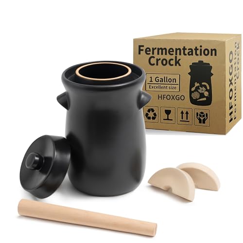 Fermentation Crock 3.8Liter/1 Gallon Stoneware Pot for Fermenting, Pickling Kimchi, Pickles, Vegetables, Kombucha - Glazed Fermenter with Stone Weights, Lid & Pickle Tamper-Black Crock - color: Black