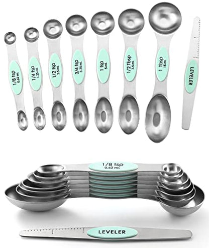 Spring Chef Stainless Steel Magnetic Measuring Spoons Set of 8 with Leveler, Metal Teaspoon & Tablespoon Measuring Spoons, Fits in Spice Jars, Kitchen Gadgets for Baking & Cooking - Set of 2 - Mint - color: Mint, size: 2-Pack