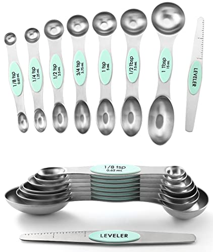 Spring Chef Stainless Steel Magnetic Measuring Spoons Set of 8 with Leveler, Metal Teaspoon & Tablespoon Measuring Spoons, Fits in Spice Jars, Kitchen Gadgets for Baking & Cooking - Set of 2 - Mint - color: Mint, size: 2-Pack