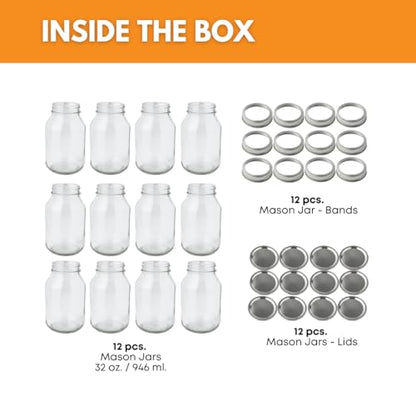 FastRack 32 oz Regular Mouth Mason Jars with Lids – Pack of 12 Quart Canning Jars | Empty, Reusable Airtight Large Glass Mason Jar for Food Storage, Pickling, Fermentation, Kombucha Brewing & Crafts - size: 32oz - 12 Pack