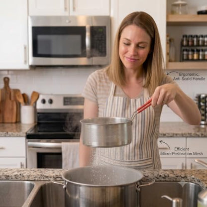 Pasta Strainer Set of 2, Stainless Steel Noodle Strainer, One with a Removable Handle, One without a Handle; Metal Pasta Strainer for Washing, Draining, Deep-frying, Boiling, and Steaming