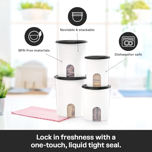 Tupperware One Touch Reminder Canisters 4 Canister Food Storage Set in White & Black, Dishwasher Safe and BPA Free, (4 Containers, 4 Lids) - color: 4 Canister Set - One-Touch White/Black