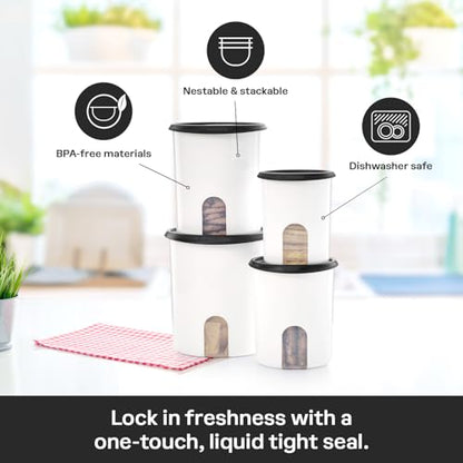 Tupperware One Touch Reminder Canisters 4 Canister Food Storage Set in White & Black, Dishwasher Safe and BPA Free, (4 Containers, 4 Lids) - color: 4 Canister Set - One-Touch White/Black