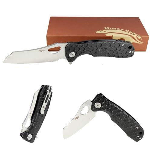 Honey Badger Knives Medium Folding Pocket Knife - 14C28N Steel, 3.20" Blade, Black FRN Handle - Ball Bearing Flipper, Thumb Hole, Reversible Deep-Carry Clip - color: Black