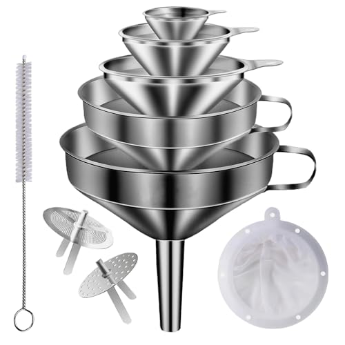 Stainless Steel Funnels for Kitchen use,5 Different Sizes of Kitchen funnels,Metal Funnel with 2 Removable Strainer,Cleaning Brush,200 Mesh Food Filter,for Transferring of Liquid,Oils,Jam - size: Funnel set of 5