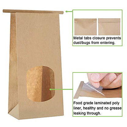 BagDream Bakery Bags with Window 100pcs 4.5x2.36x9.6 Inches Window Tin Tie Tab Lock Kraft Brown Paper Bags for Coffee Bean, Cookies, Treat, Snack - color: Brown