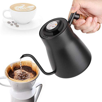 Fdit Coffee Kettle with Thermometer, 850ml Stainless Steel Drip Kettle, Wooden Handle, PTFE Coating, Black